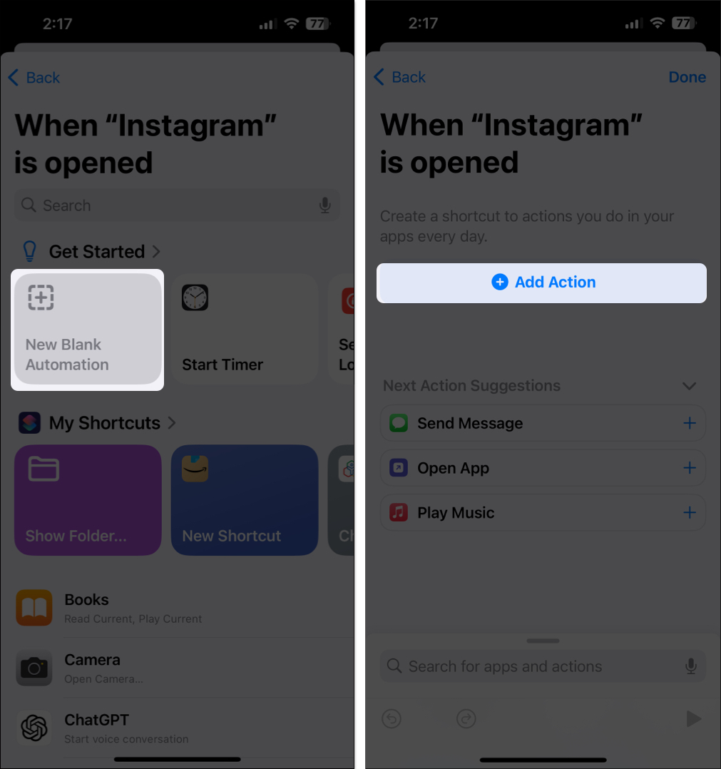Select New Blank automation, tap Add Action