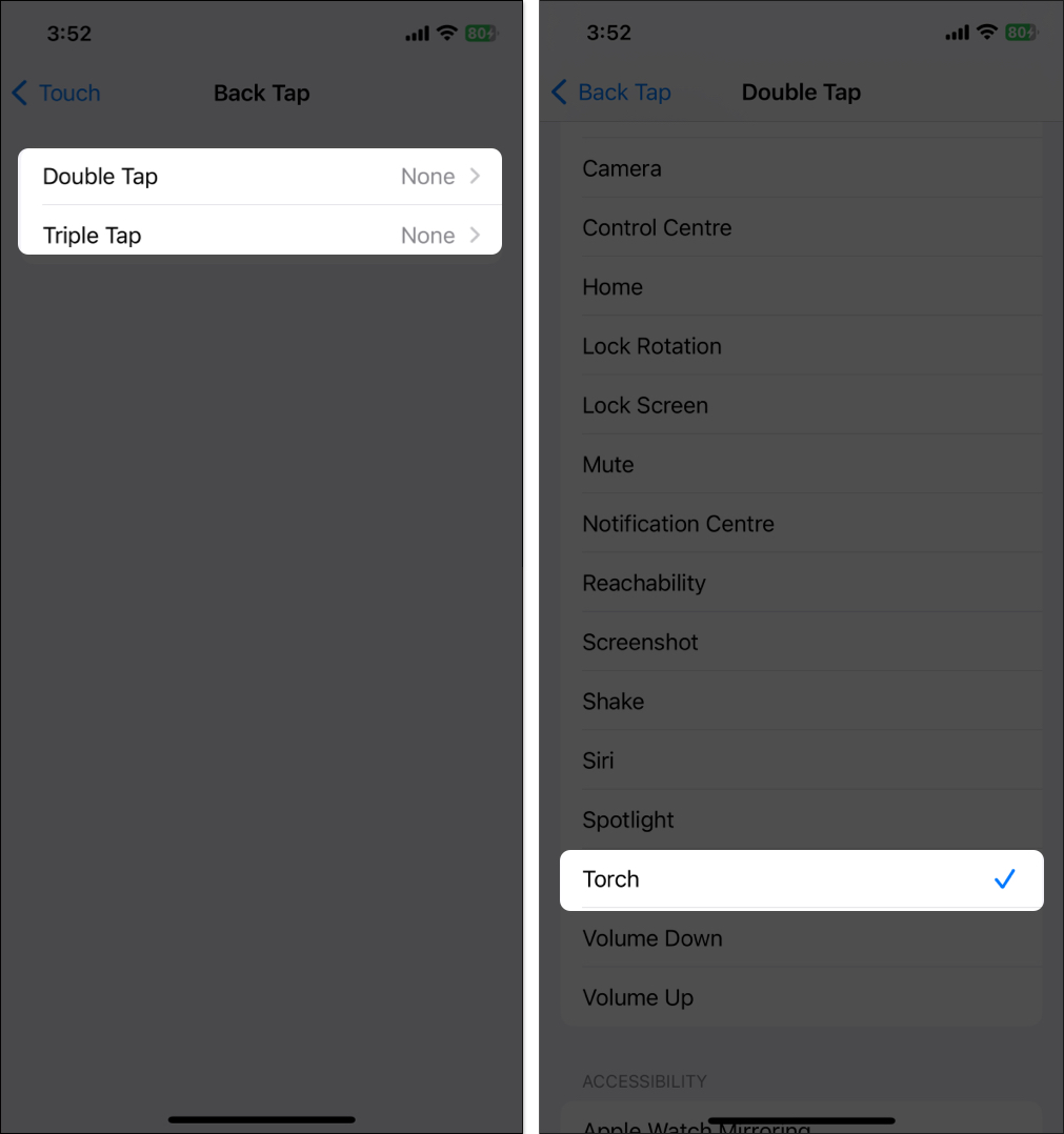 Select from Double Tap or Triple Tap, select Torch
