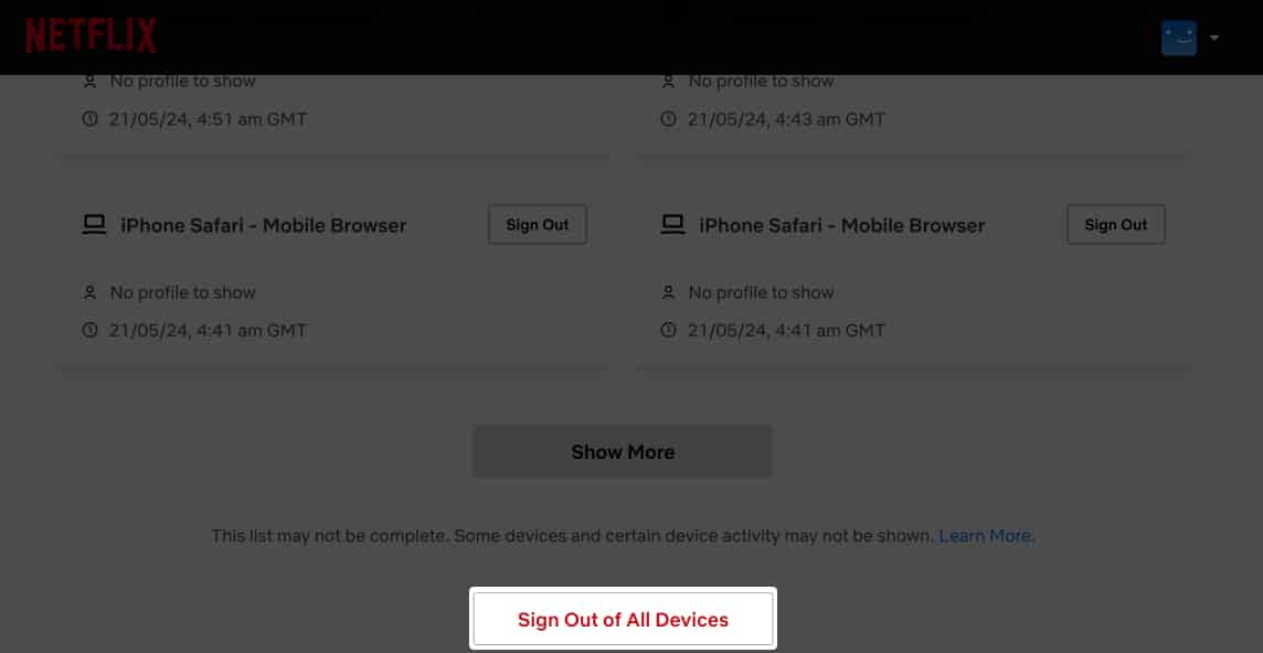 Sign Out of All Devices from Netflix