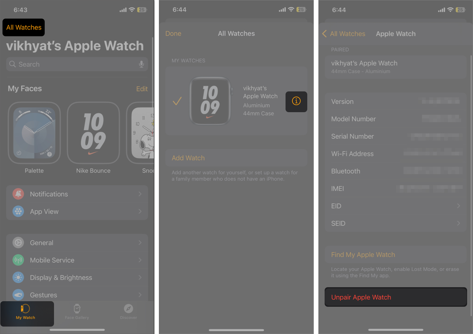 Tap my watch tab select all watches select info i icon tap unpair apple watch