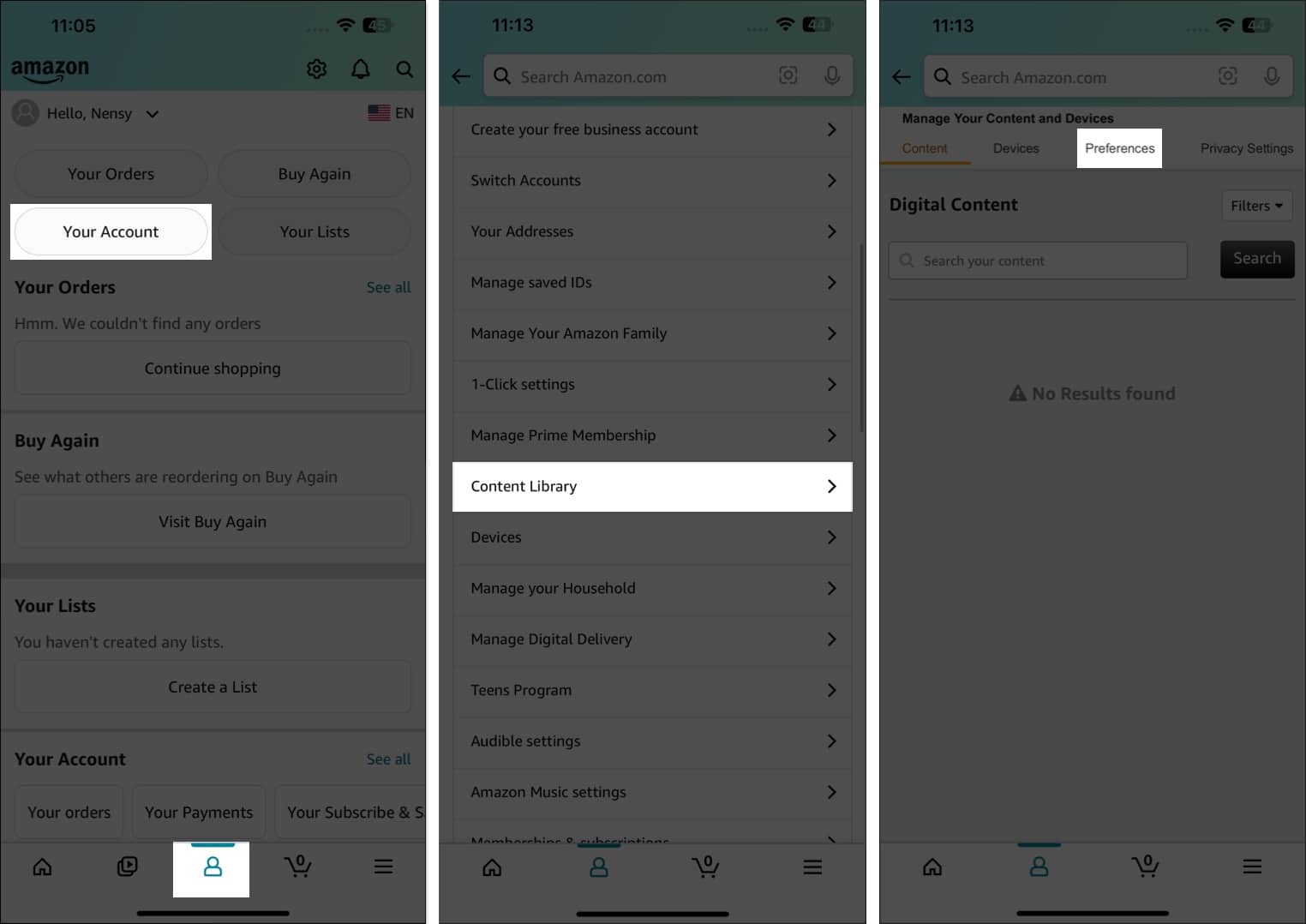 Tap on Preferences in Content Library account settings on Amazon