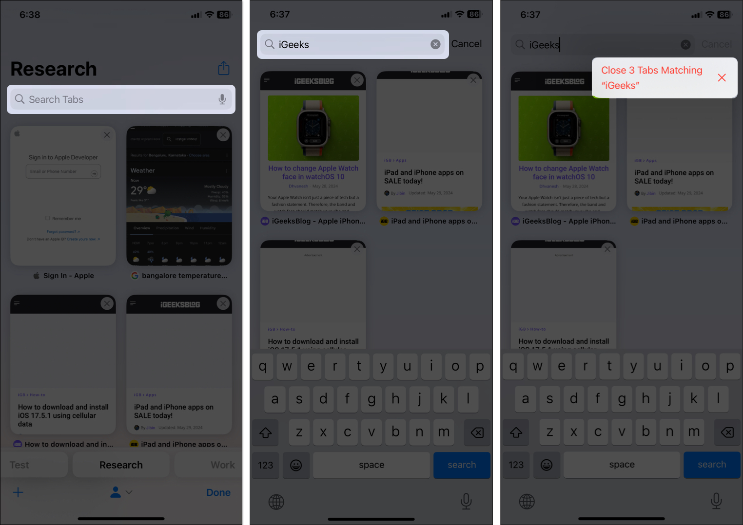 Tap search bar, write desired work, tap close tabs matching to close all similar tabs in Safari