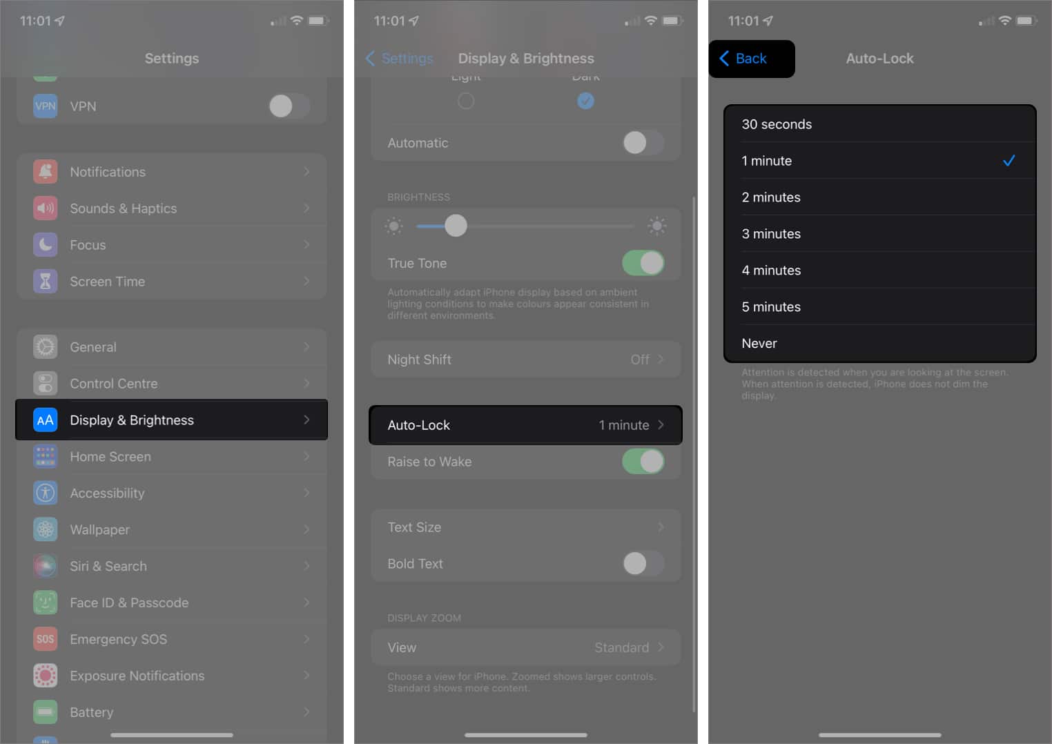 Auto-Lock setting options in the iPhone Settings app.