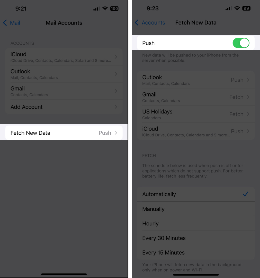 Check mail fetch settings on iPhone