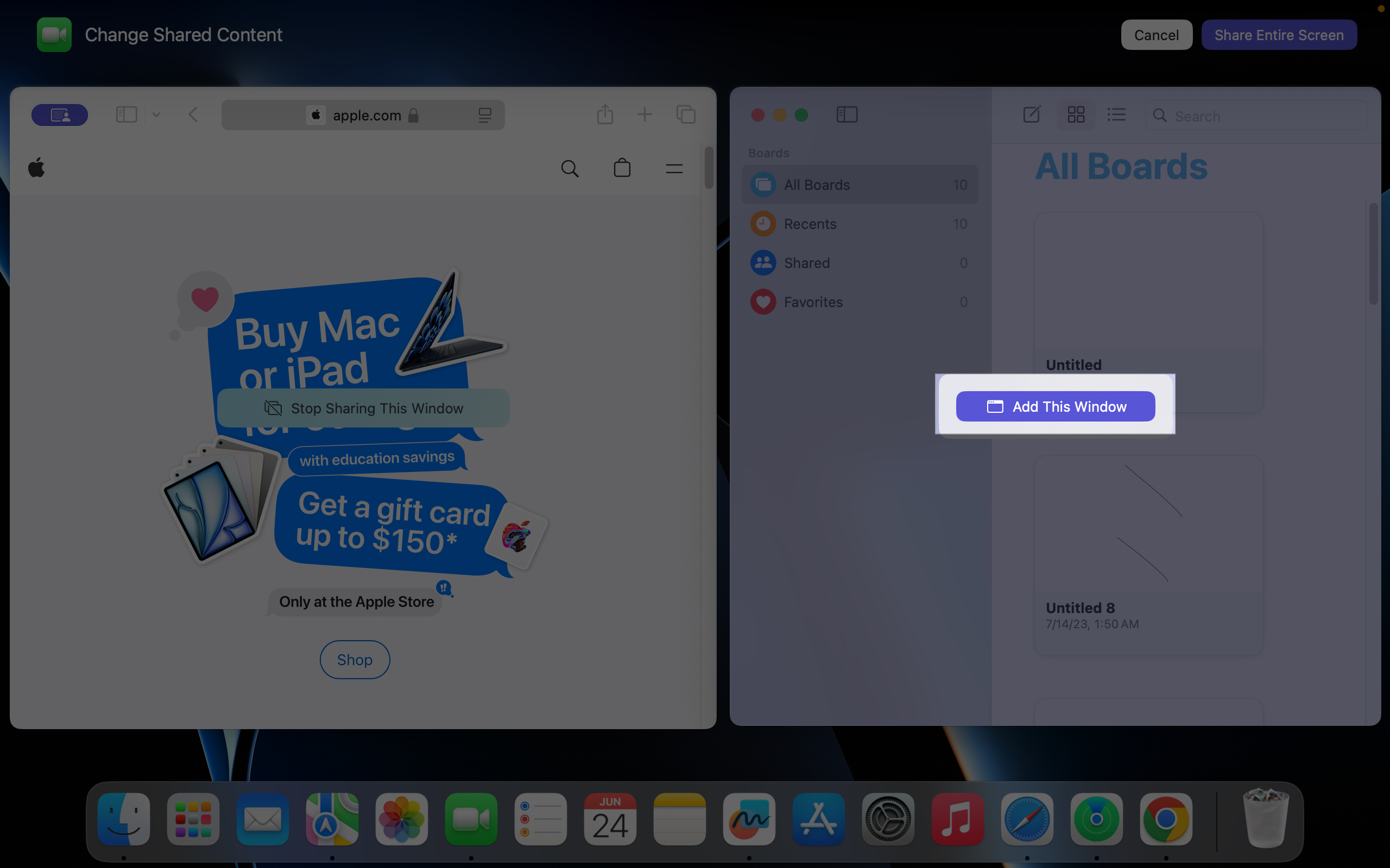 Click Add this window to share new window in FaceTime on Mac