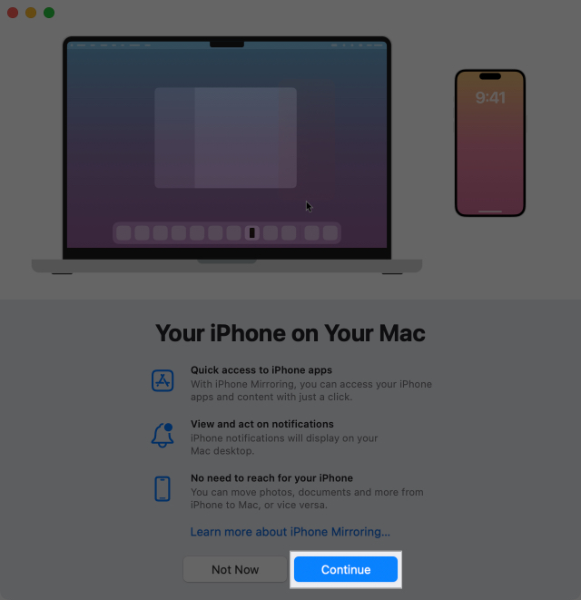 Clicking Continue to get started with iPhone Mirroring.