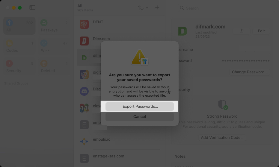 Click Export Passwords on Mac