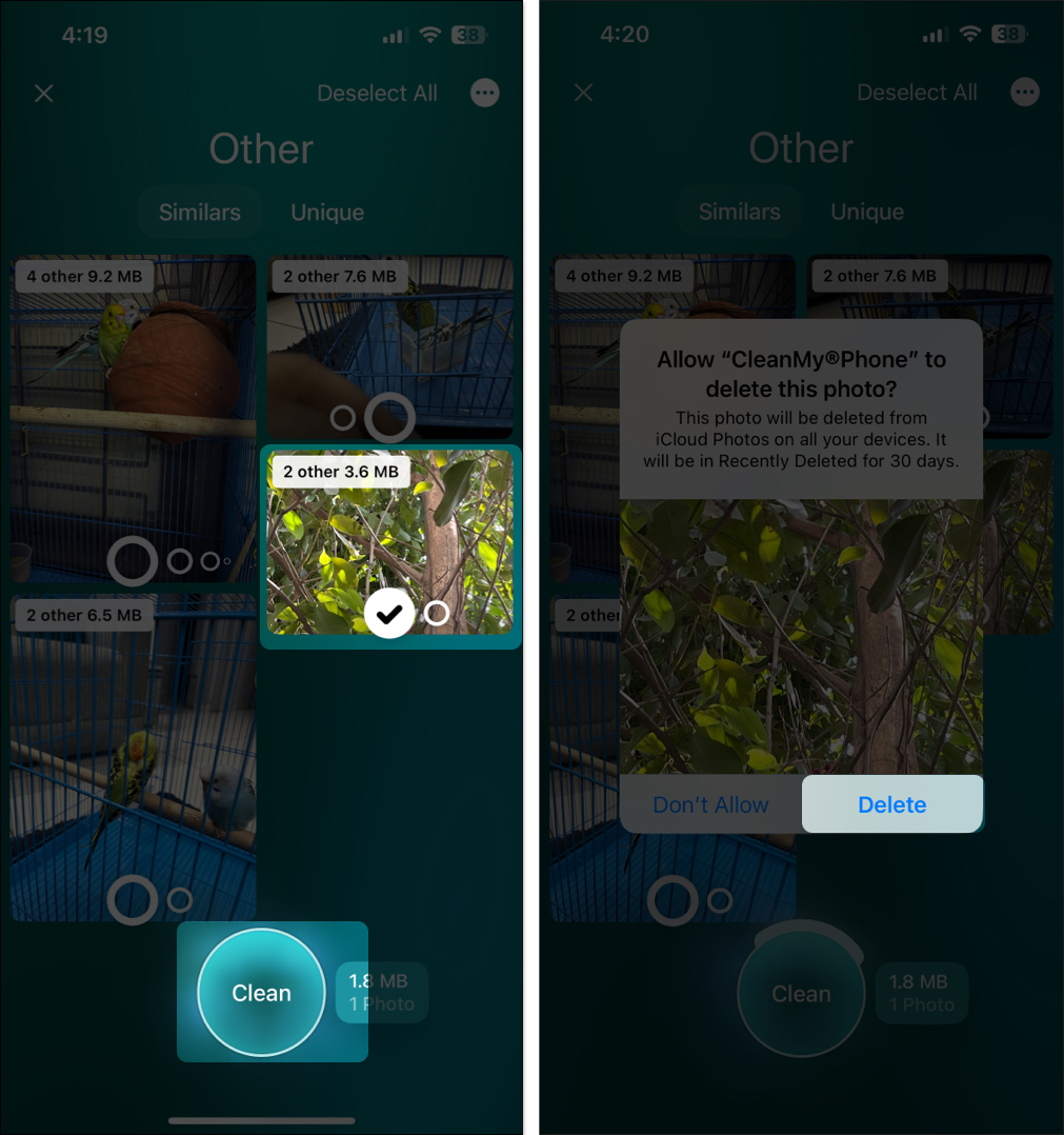 Delete identified duplicate photos using CleanMyPhone on iPhone