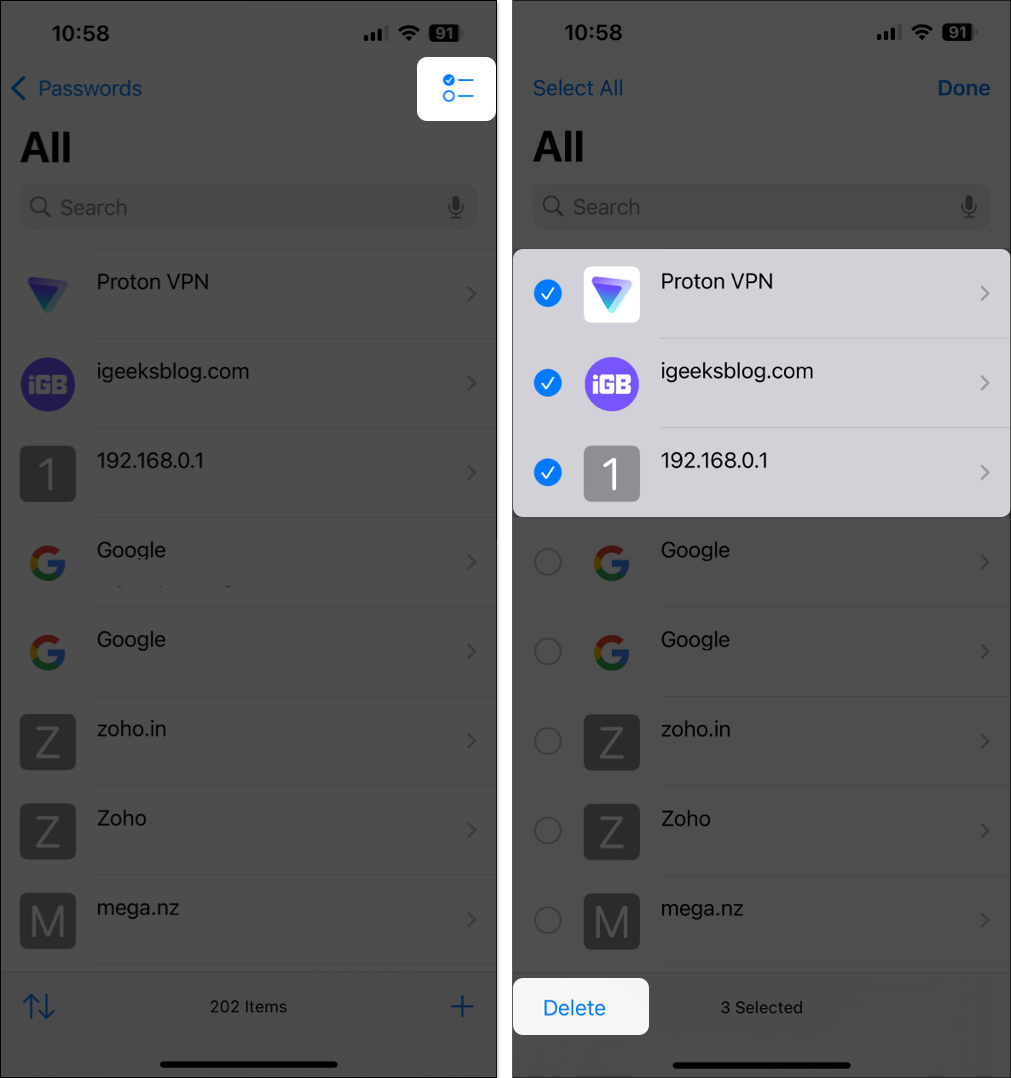 Delete multiple passwords in Passwords app on iPhone