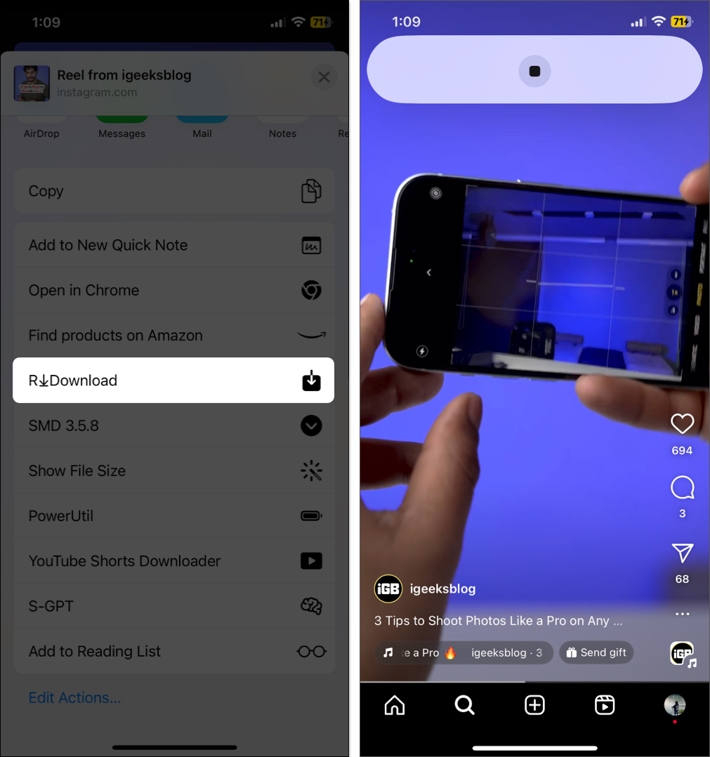 Download Instagram reels using Shortcuts on iPhone
