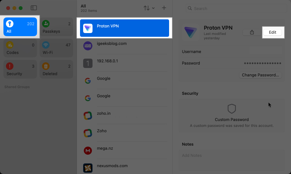 Edit password in Passwords app on iPad, Mac