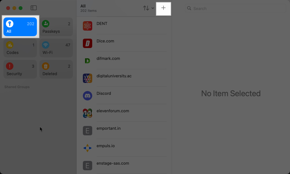 Select All, Plus icon to add password in Passwords App on iPad, Mac
