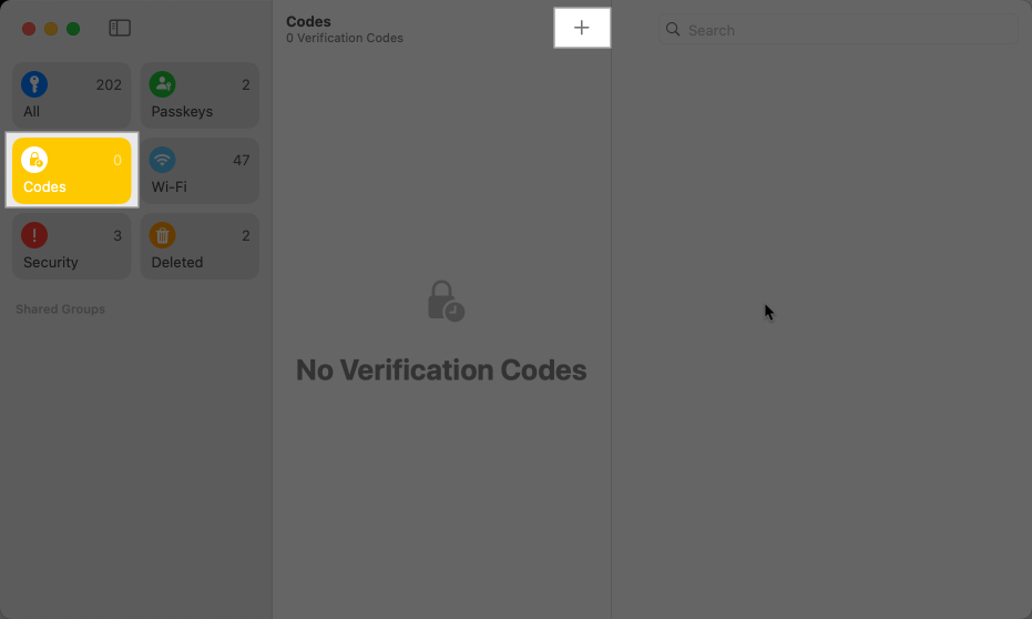 Select Codes, tap Plus icon to add 2FA passwords on Mac and iPad