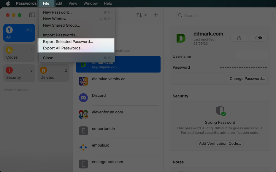 Select File, choose Export All Passwords or Export Selected Password on Mac
