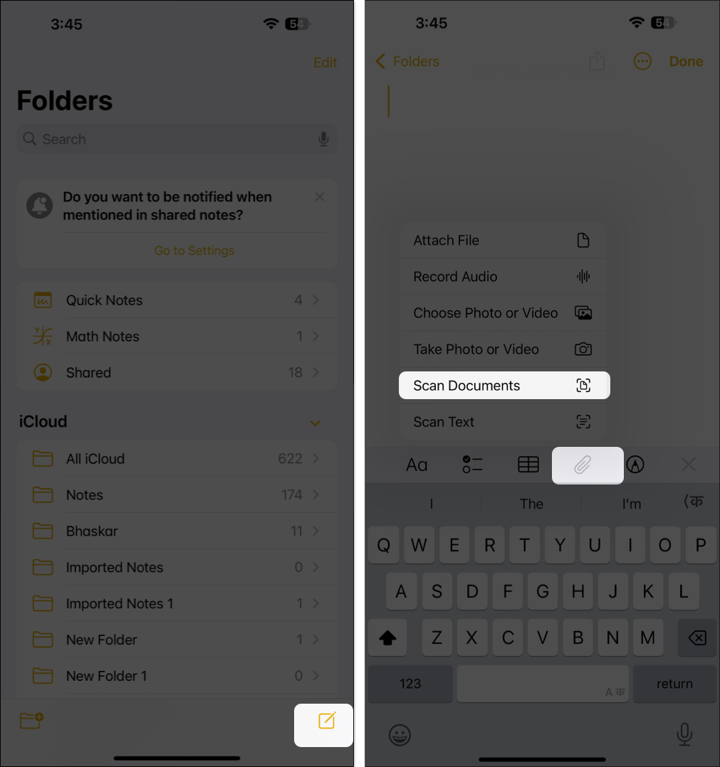Select Scan Documents in Notes app on iPhone