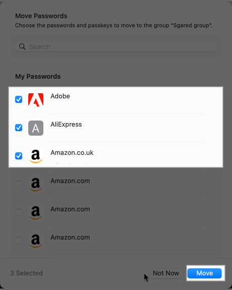 Select passwords, tap Move to share passwords from Mac