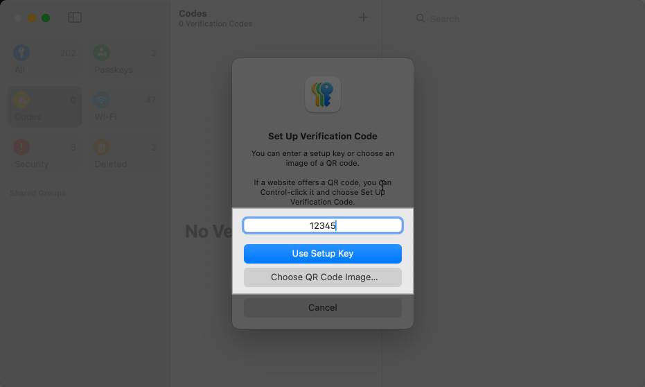 Setup verification code to add 2FA in Passwords app on iPad, Mac