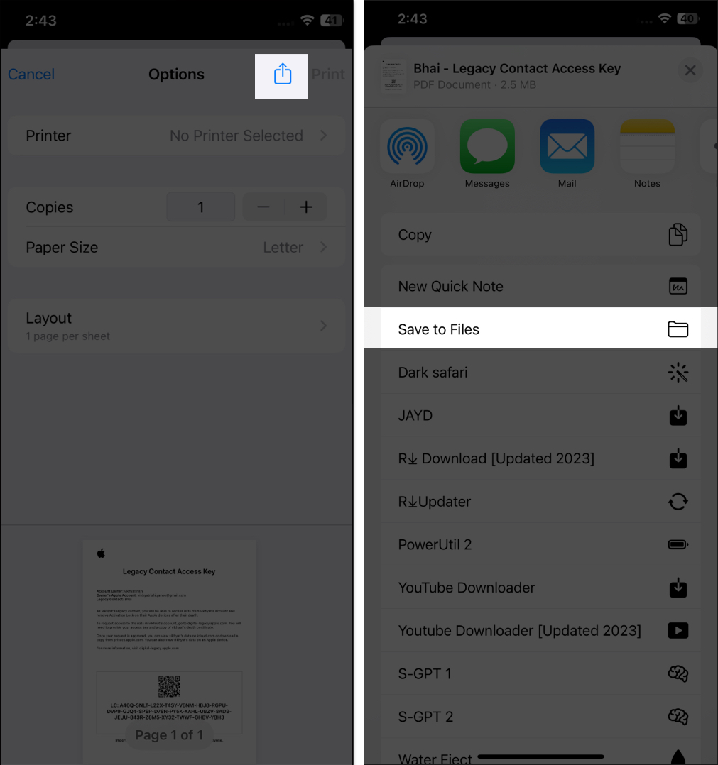 iOS Share Sheet with the options to save and share Legacy Contact access key on an iPhone.