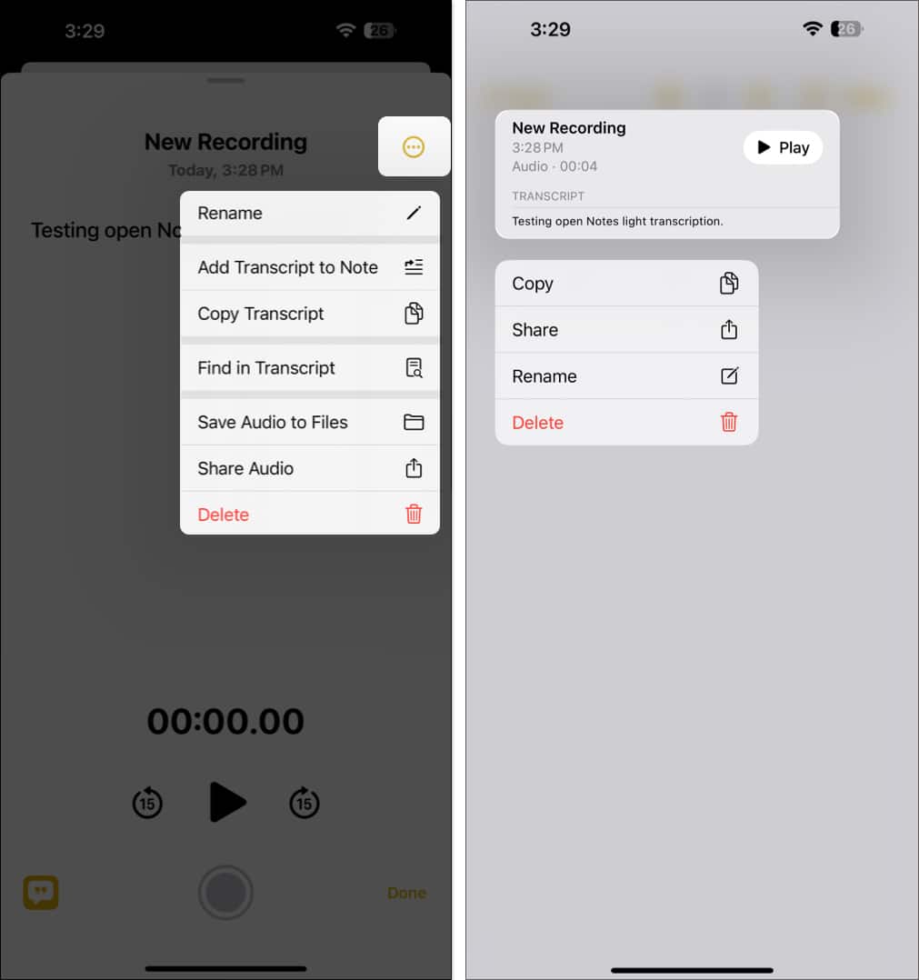Share or delete live audio transcription in Notes app on iPhone