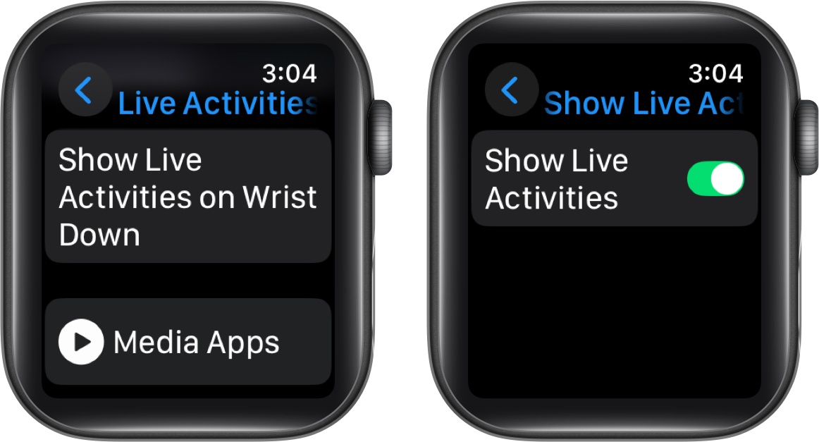 Turning on the Show Live Activities feature on the Apple Watch.