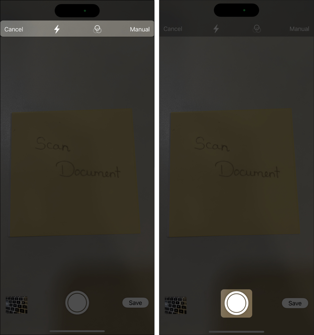 Tap Shutter button to scan document in Notes app on iPhone