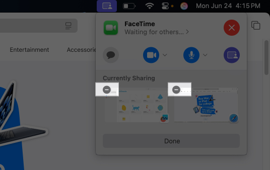 Tap minus sign to stop sharing window in video call on Mac