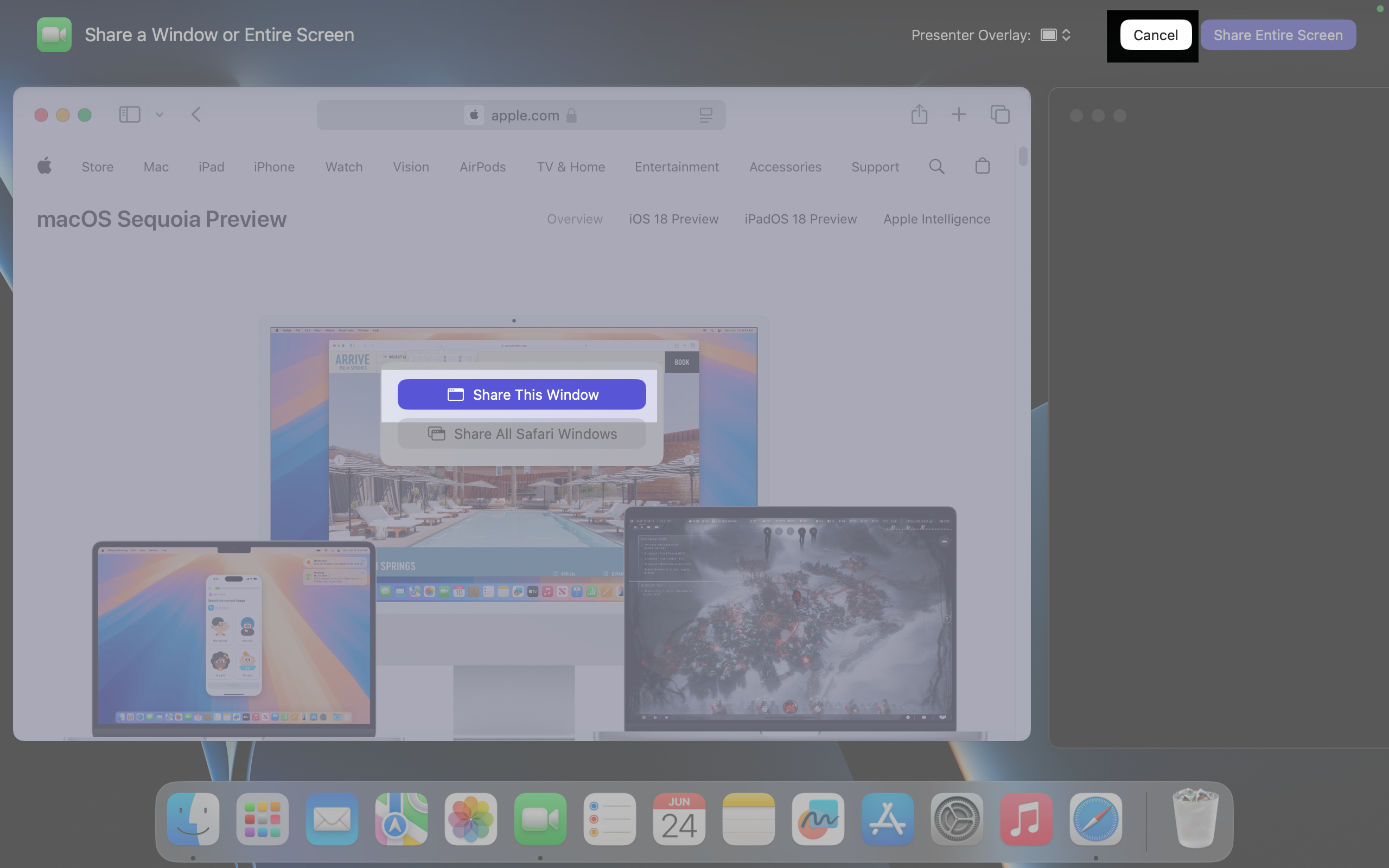 Tap on Share this window to share in FaceTime on Mac