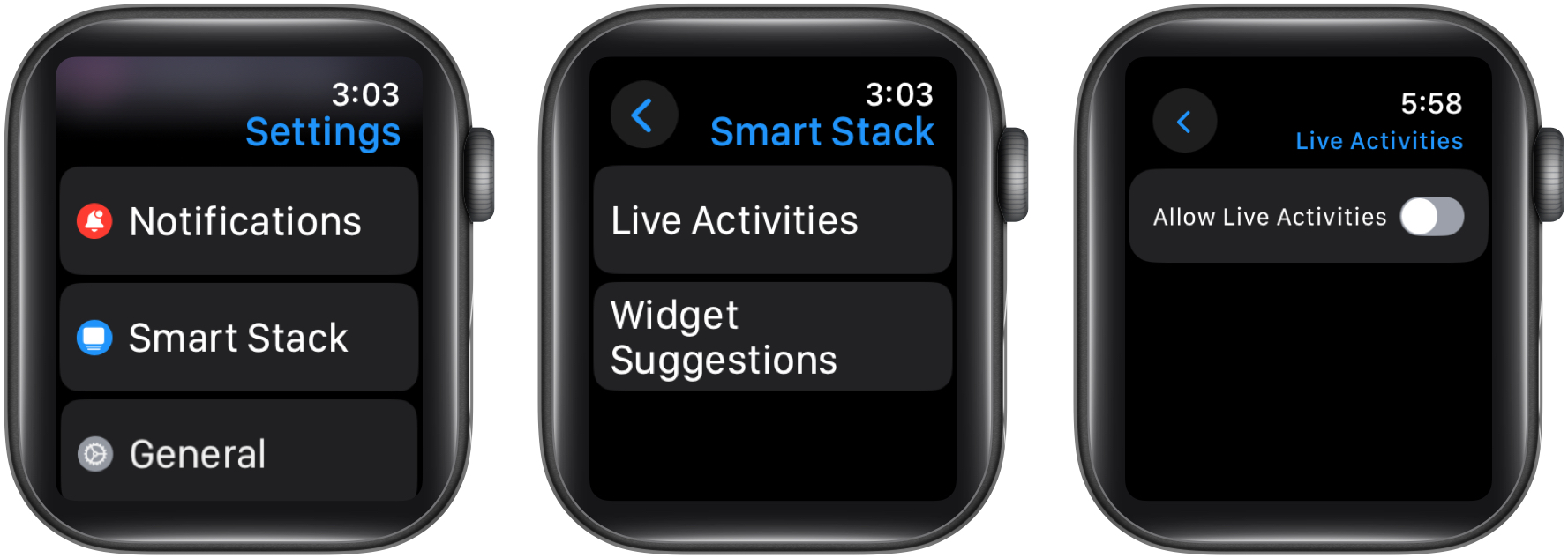 Toggling Off the Live Activities feature on the Apple Watch.