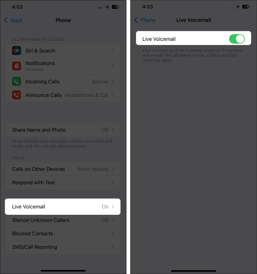 Toggle on Live Voicemail on iPhone