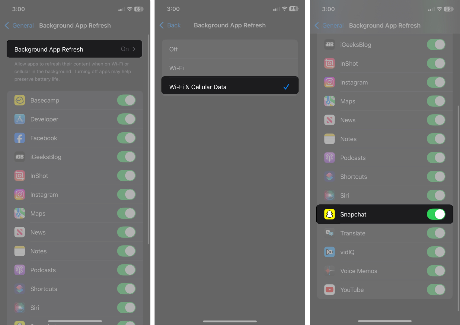 Toggle on Snapchat for background App Refresh on iPhone