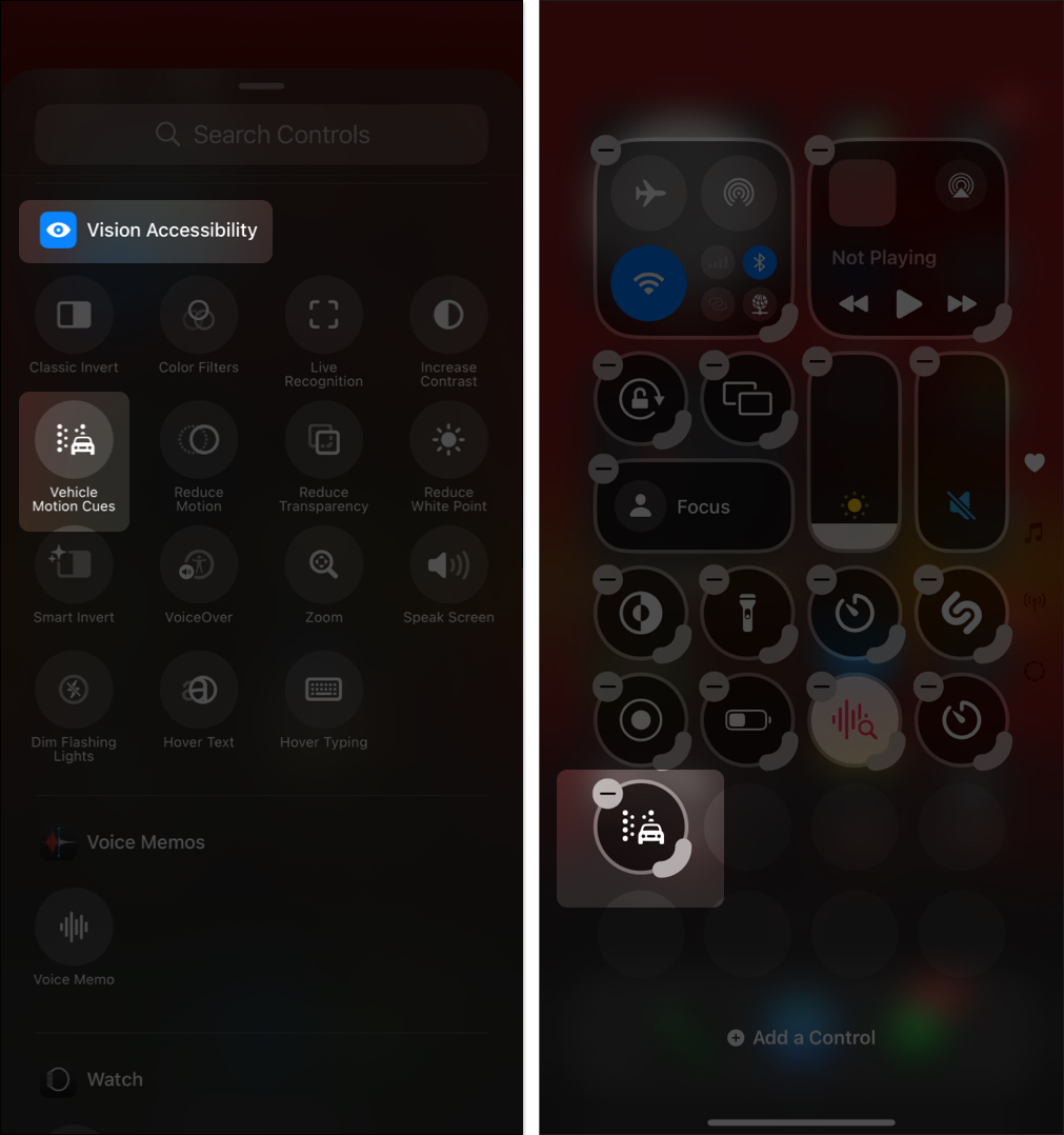 Vehicle Motion Cues tile in Control Center on an iPhone.