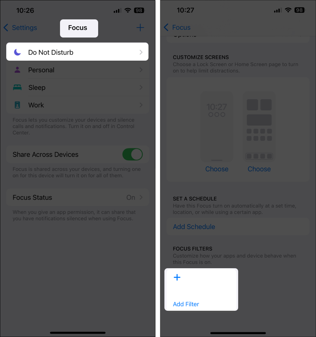 Add Filter option in Do Not Disturb settings on iPhone.