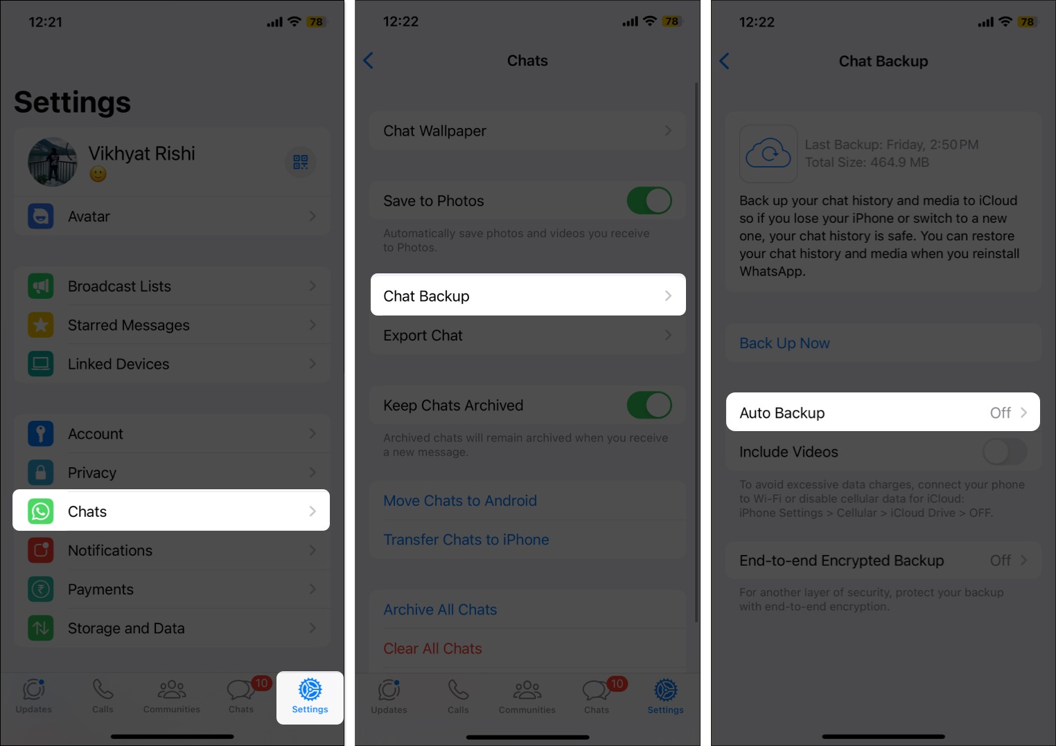 Auto backup WhatsApp chats on iPhone