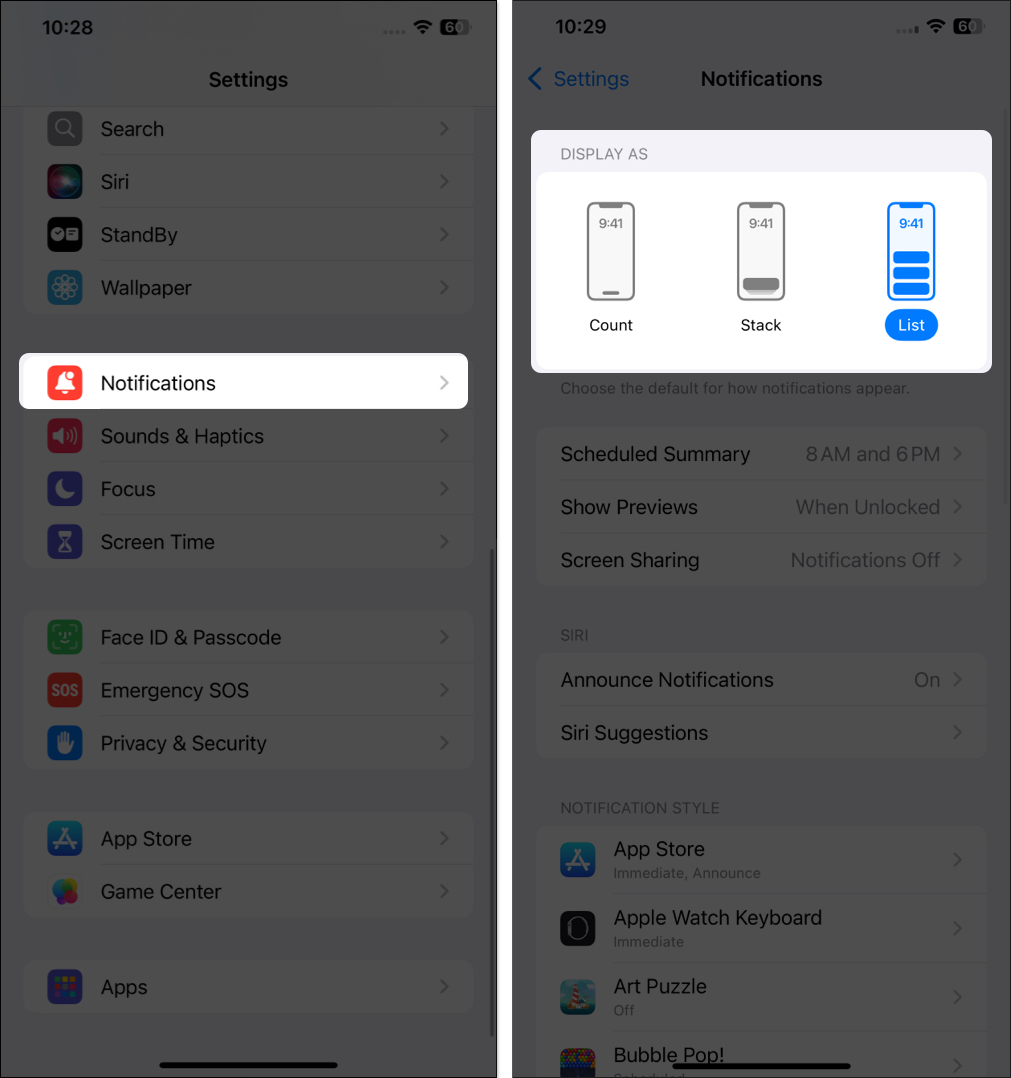 Display As options for notifications in the Settings app on an iPhone.