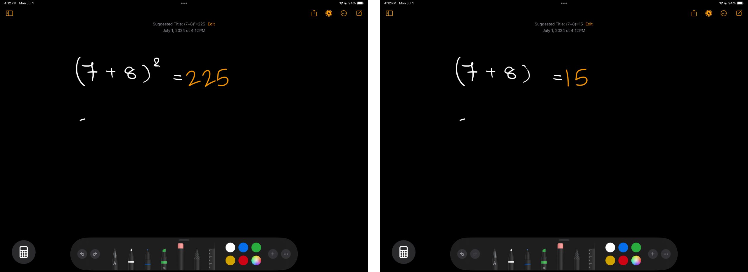 Math Notes feature returning answers to match problems.