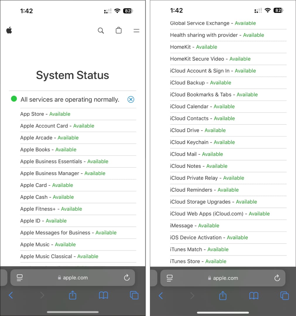 Apple System Status page on an iPhone showing current status of various Apple services.