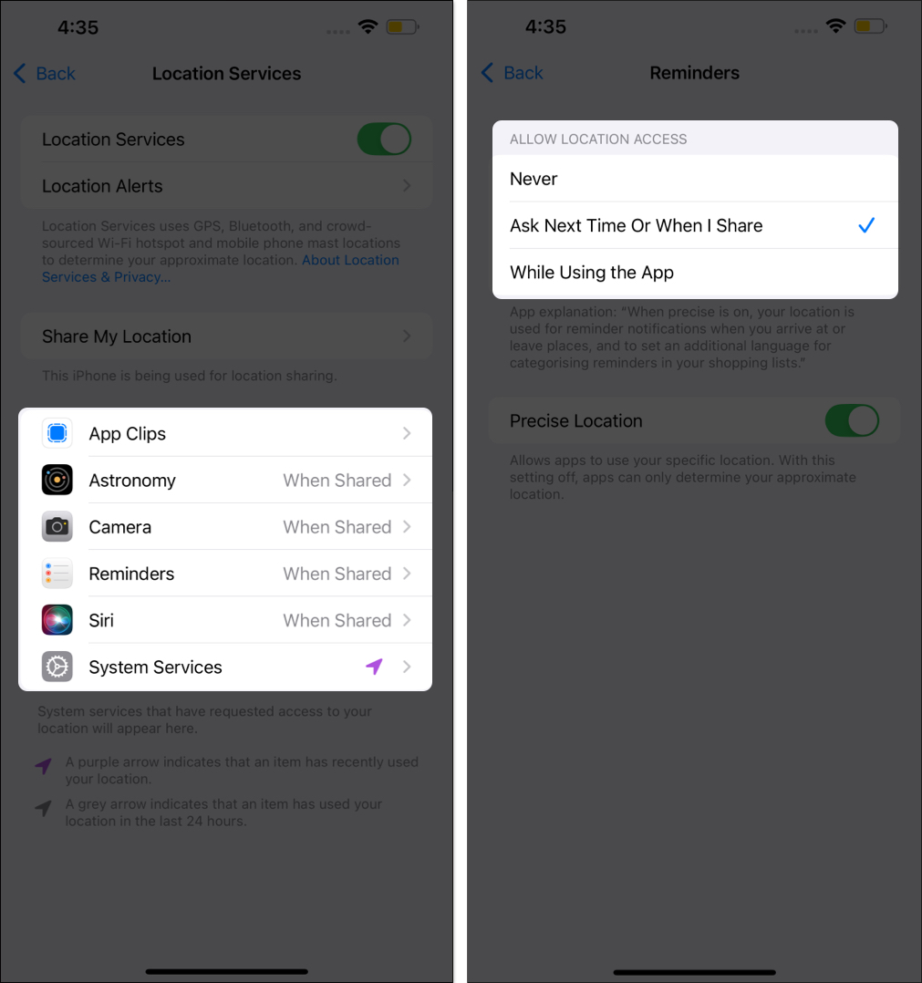 Location access configuration options in iPhone Settings app.