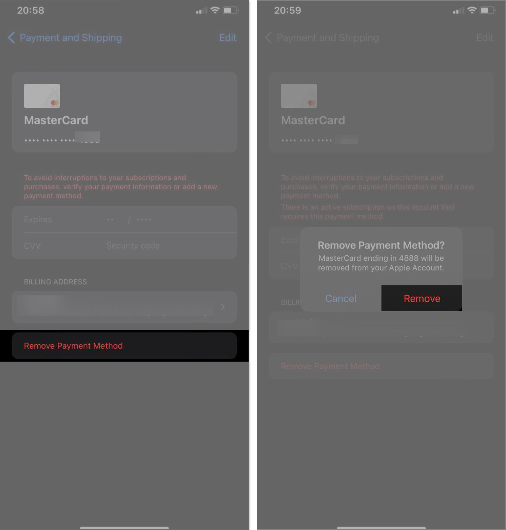 Remove Payment Method option to remove a payment method on an iPhone.