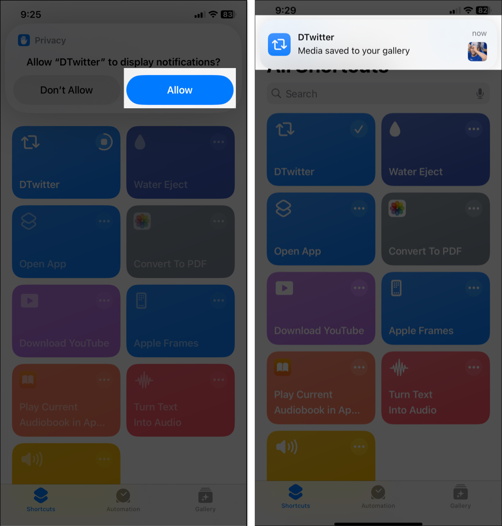 DTwitter permission prompt for gallery access in the Shortcuts app on an iPhone.