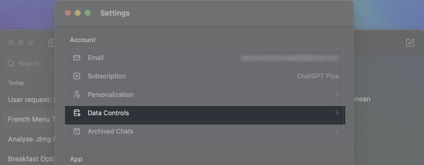 Delete Data Control to delete all chat history in ChatGPT app on Mac