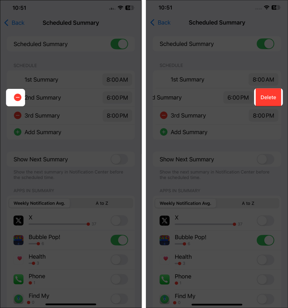 Delete button to delete a Scheduled Summary for notifications on an iPhone.