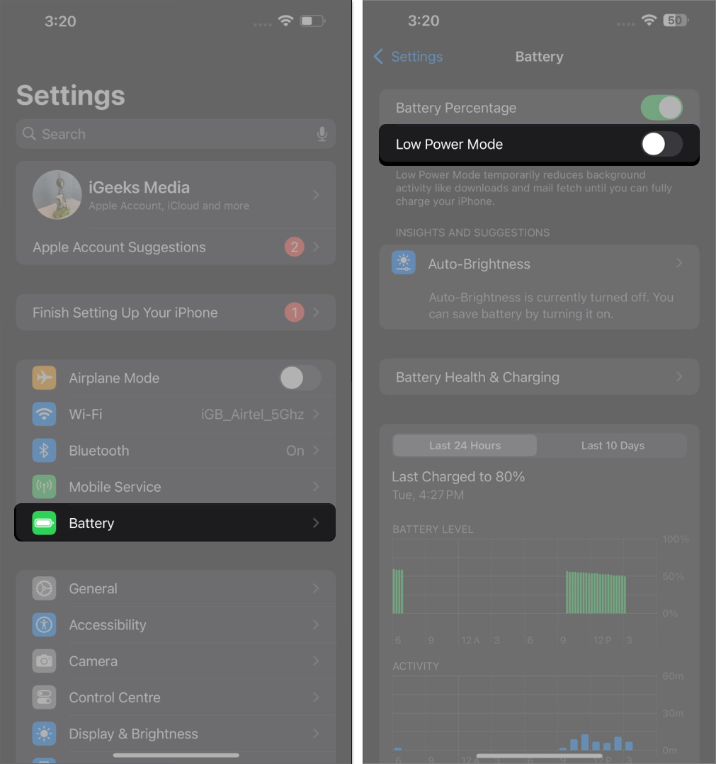 Low Power Mode option under Battery settings on an iPhone.