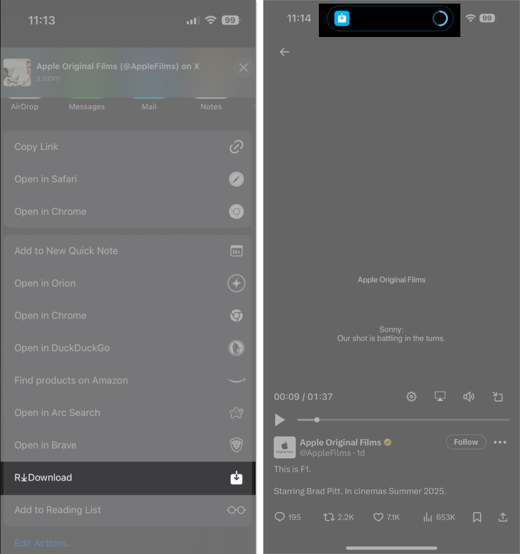 R Download button in iOS Share Sheet and Twitter video download progress in Live Activity on an iPhone.