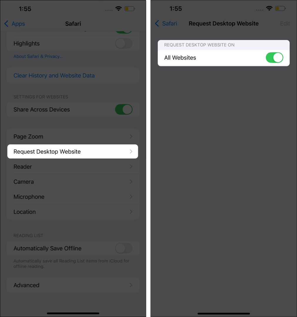 Request Desktop Website and All Websites toggles in the Settings app on an iPhone.