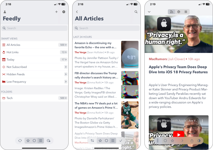 Fiery Feeds RSS app on an iPhone.