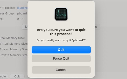 Force Quit confirmation prompt for the pboard process on a Mac.