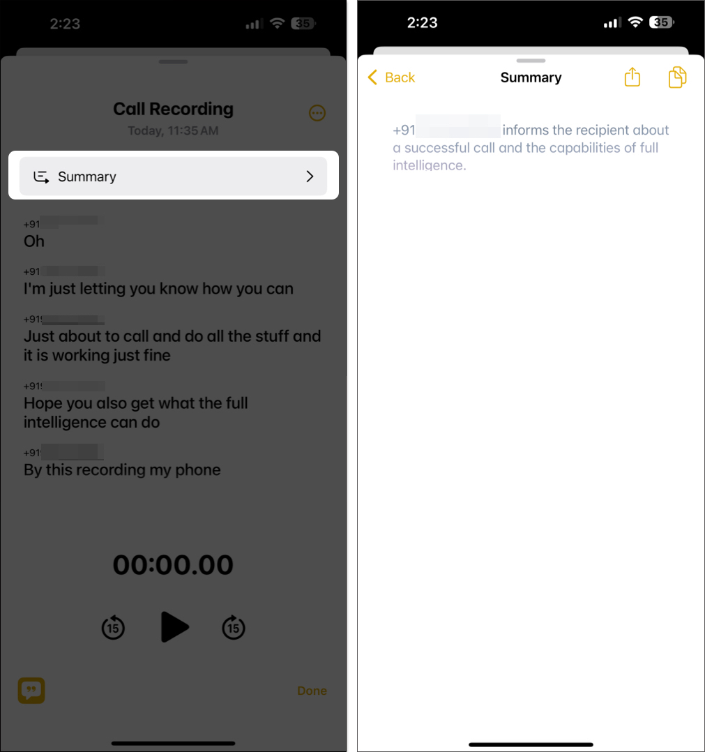 Summary of a call recording in the iPhone Notes app on iOS 18.1 beta 1.