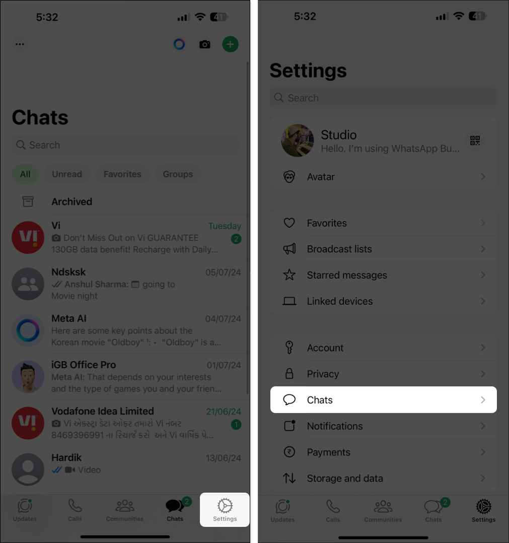 Settings tab on WhatsApp for iPhone.