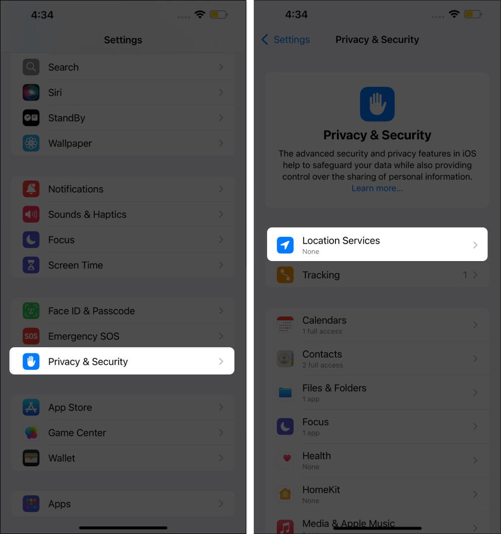 Privacy & Security and Location Services pages in iPhone's Settings app.