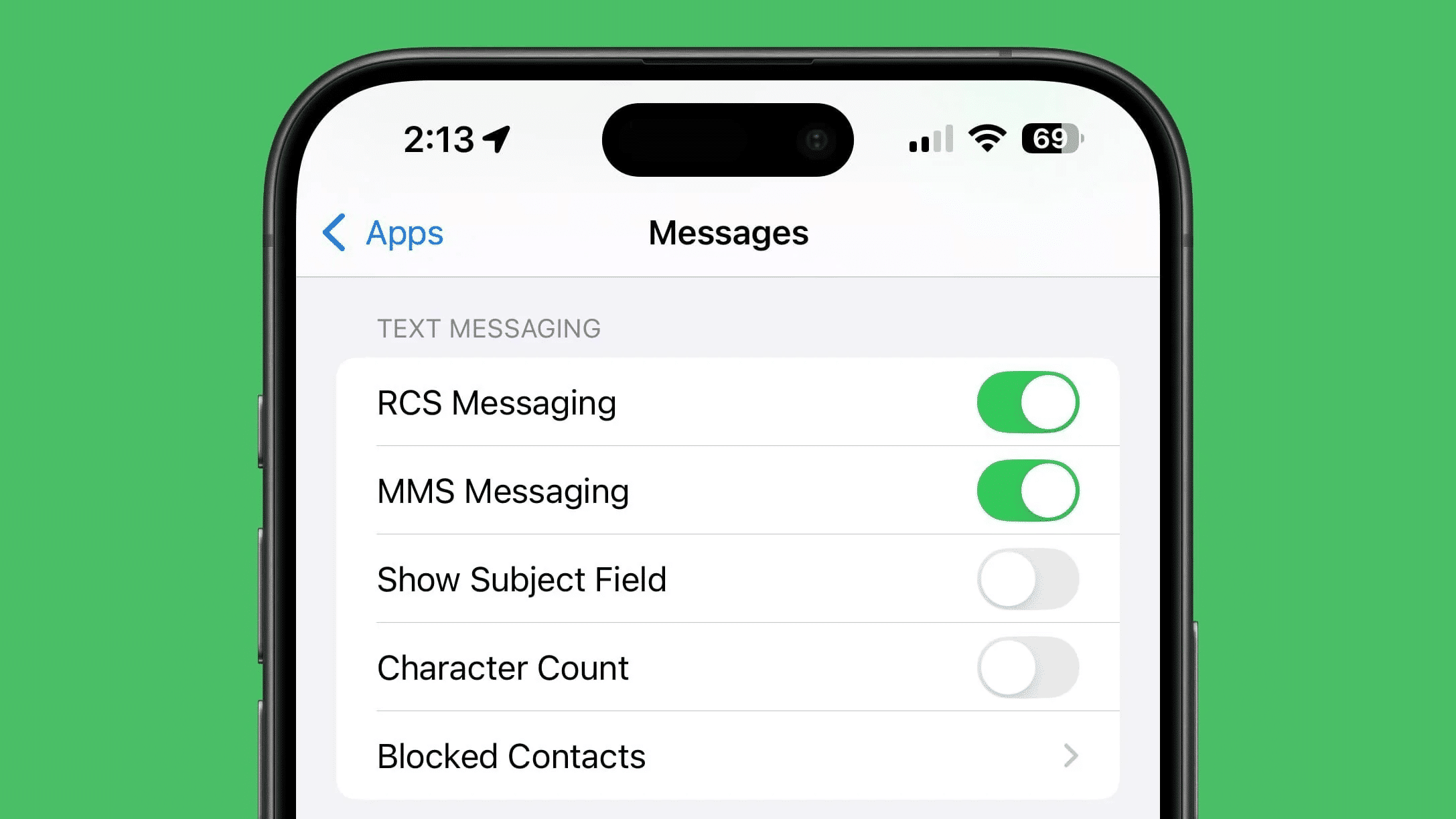 RCS Messaging toggled on in iPhone Settings app.